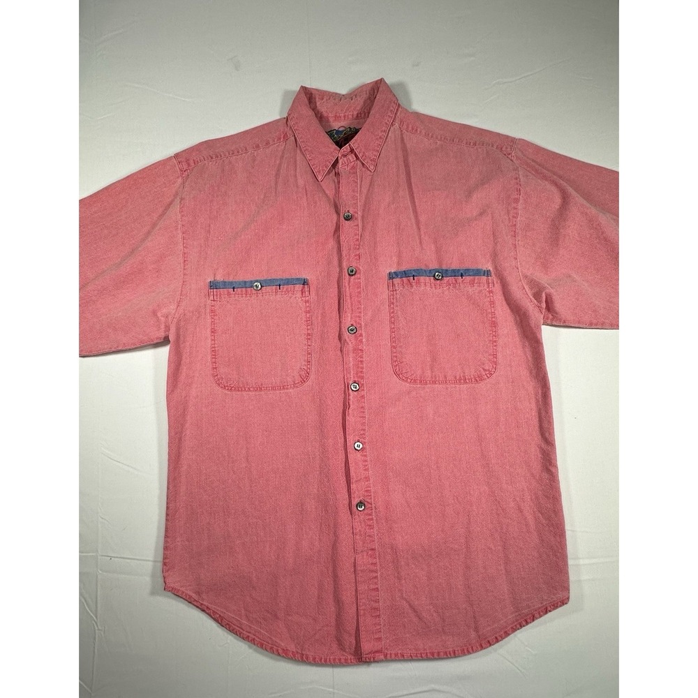 Vintage Blazer Shirt Mens Medium Salmon Short Sleeve Button Up Casual Pocket